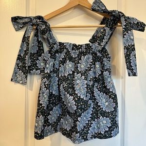 NWT J Crew Collection blue floral tank top with bow straps and ruffle detail